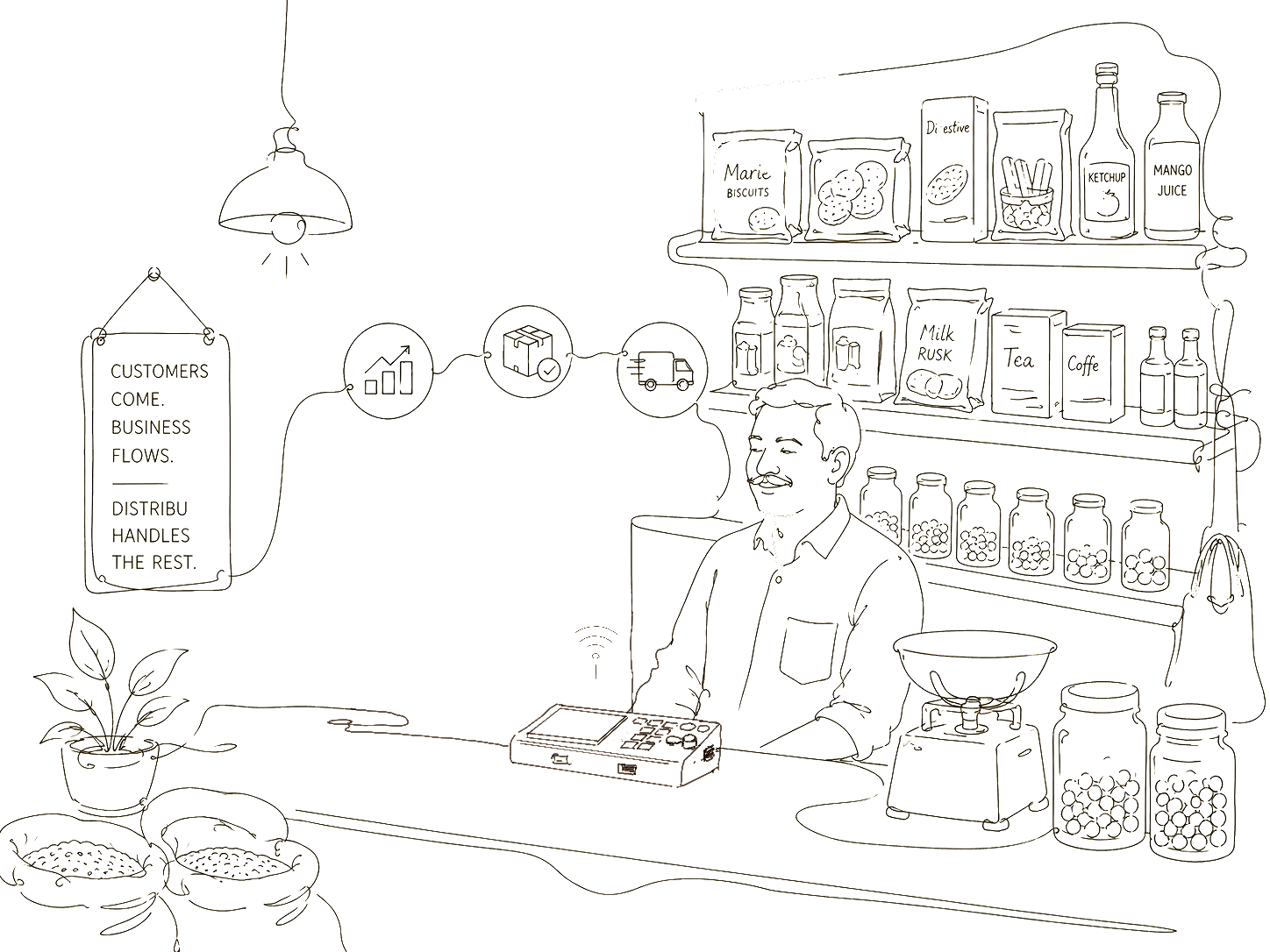 Shopkeeper at kirana store — customers come, business flows, Distribu handles the rest